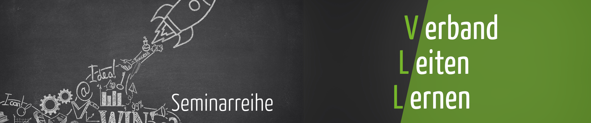 Quelle: BDKJ Freiburg Rakete startet über Zahnrädern und Buchstaben, daneben Text 'Seminarreihe Verband Leiten Lernen' in grün und weiß